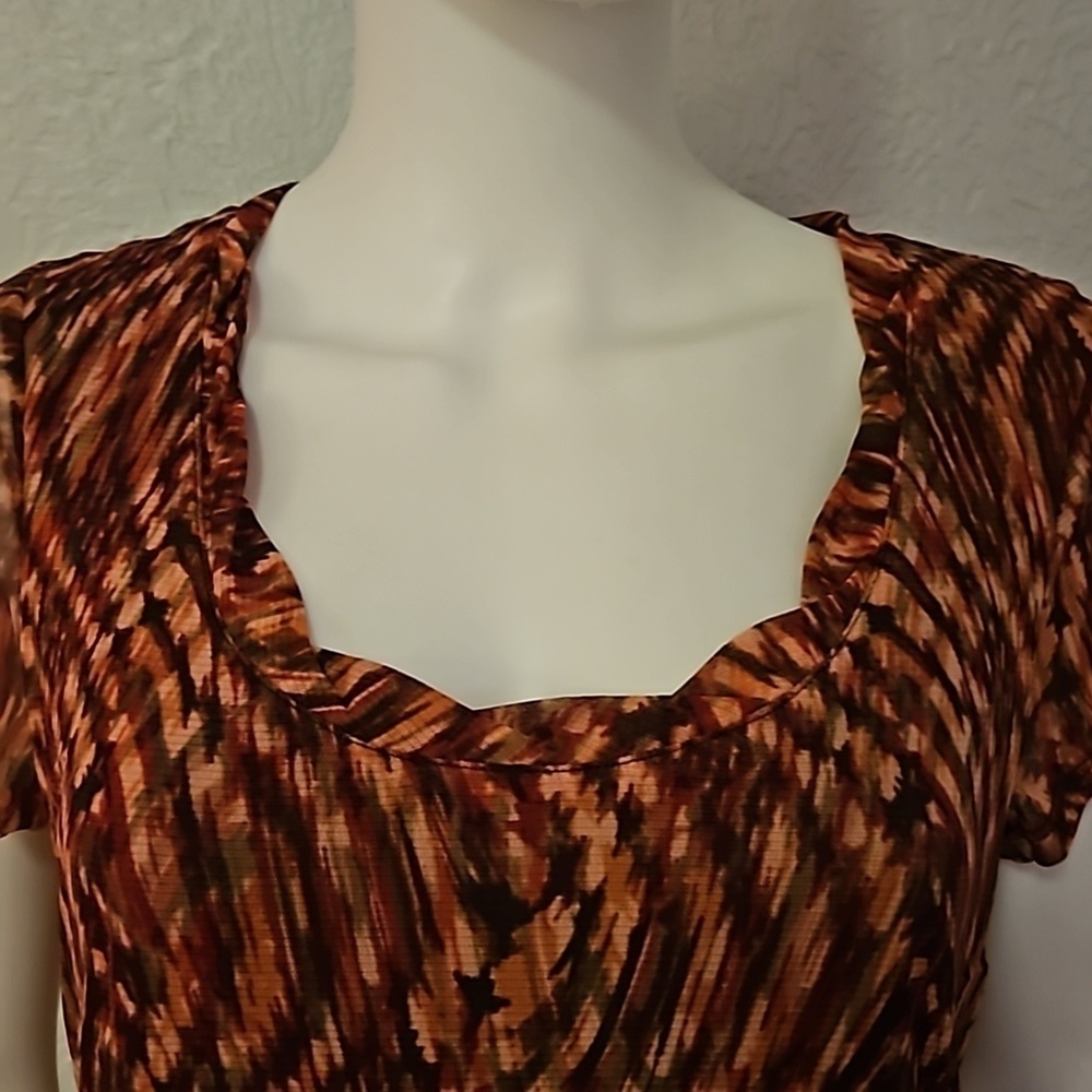 Vtg AXCESS Brown Ombre Swirl Mesh Overlay Short Sleeve Scoop Neck Blouse - Picture 4 of 9